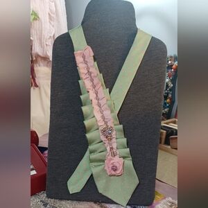 Handmade Vintage  Upcycled Necktie Pink and Green Accessory with Floral Detail